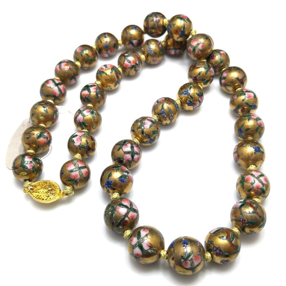 Vintage Chinese Beaded Necklace, Hand Painted & Knotted Floral Beads, 1940s